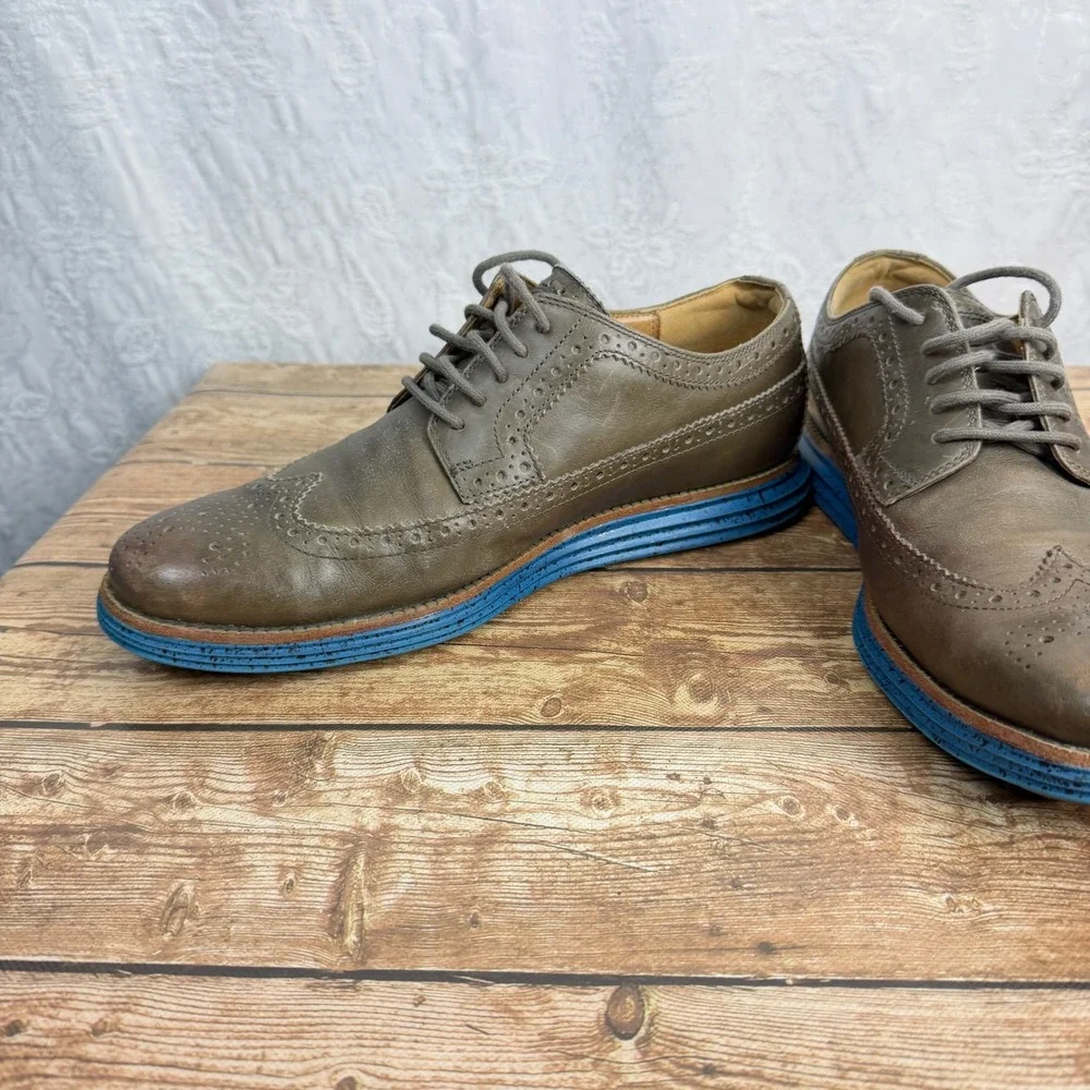 Cole Haan Mens 10 Brown Leather Lunargrand Wingtip Oxford Blue Sole Quiet Luxury